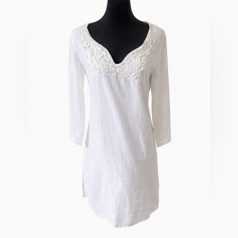 Malvin Hamburg 100% Linen White Lace Tunic Blouse Boho S